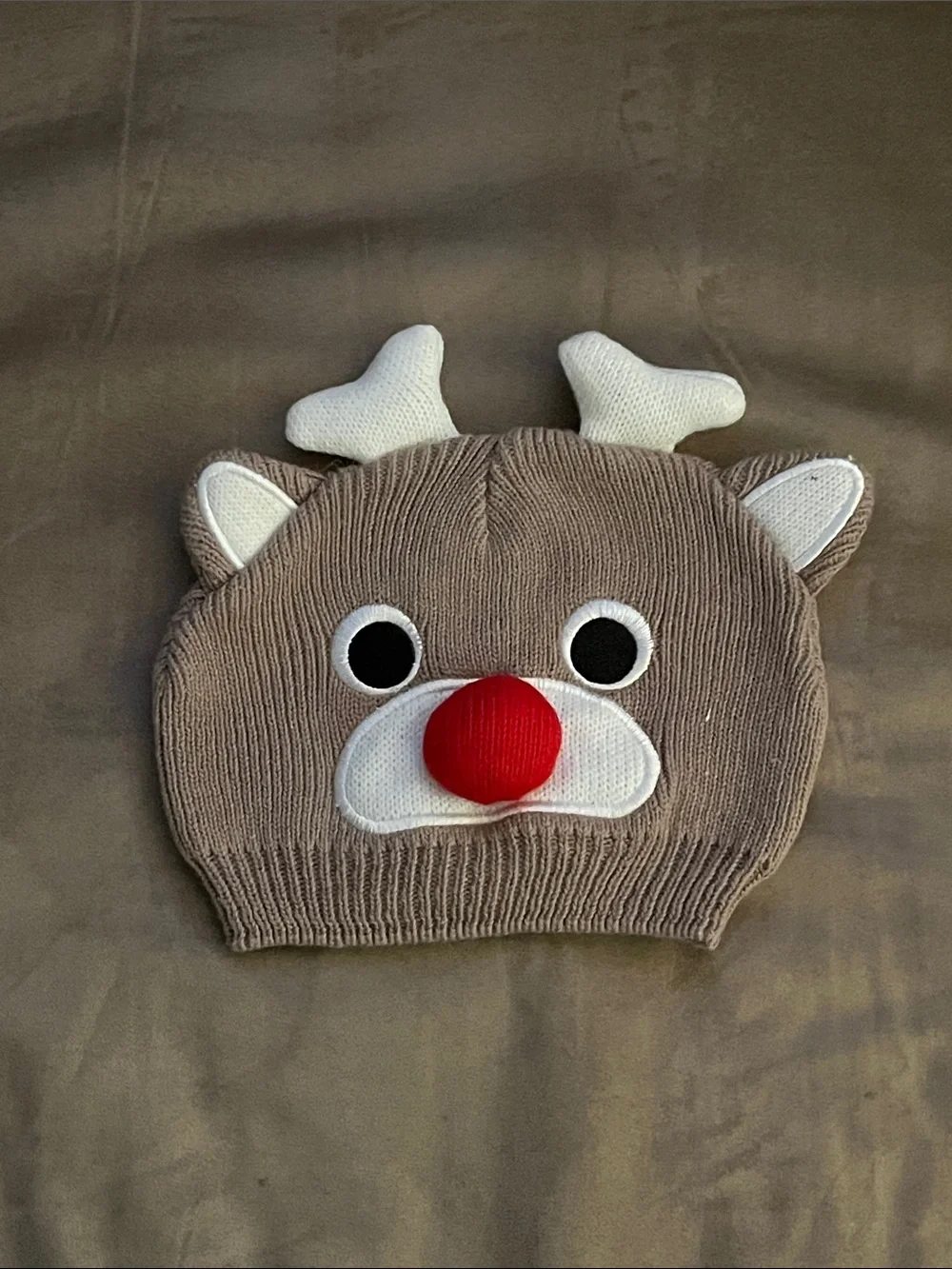 Kids Reindeer Beanie Hat with Red Nose - Brown